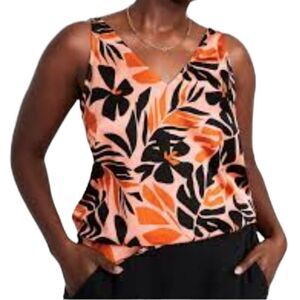 Old Navy Sleeveless V Neck Orange Floral Print Satin Tank Top Sz L